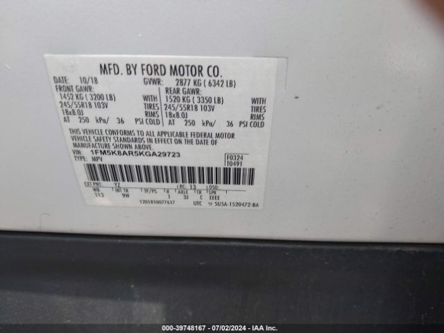 1FM5K8AR5KGA29723 Ford Police Interceptor Utility