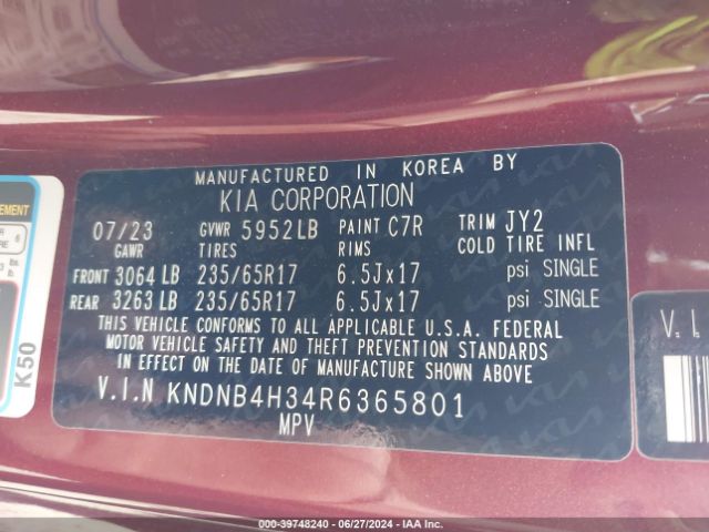 KNDNB4H34R6365801 KIA Carnival Mpv Lx Seat Package