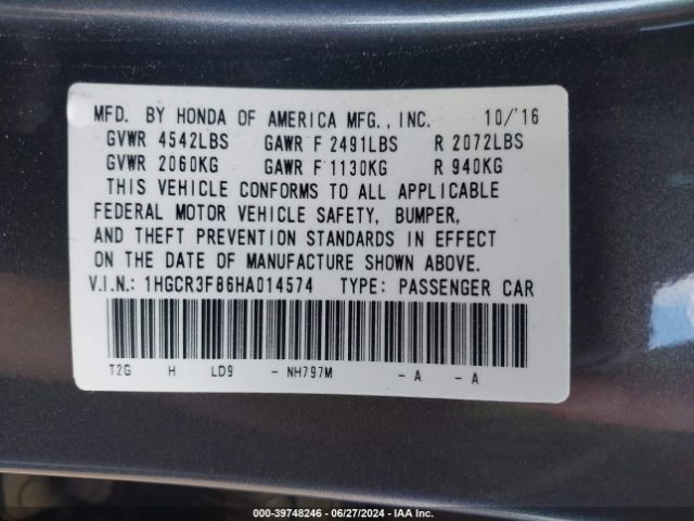 1HGCR3F86HA014574 Honda Accord Ex-l V6