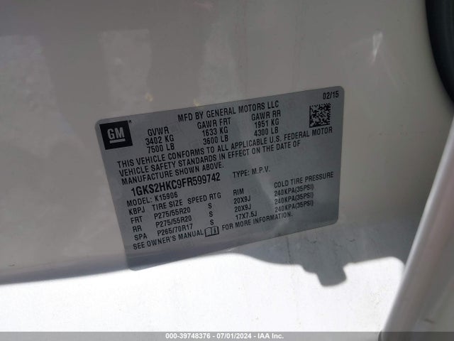 1GKS2HKC9FR599742 GMC Yukon Xl 1500 Slt