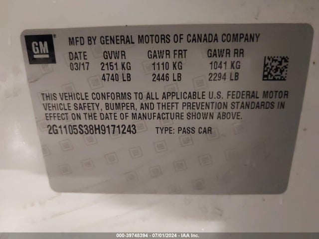 Chevrolet IMPALA 1LT 2017 2G1105S38H9171243 Image 9