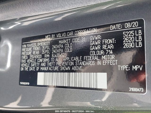 YV4102DLXM1698201 Volvo Xc60 T5 Inscription