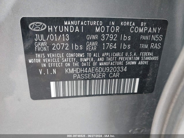 Продажа на аукционе авто 2013 Hyundai Elantra Gls, vin: KMHDH4AE6DU920334, номер лота: 39748525