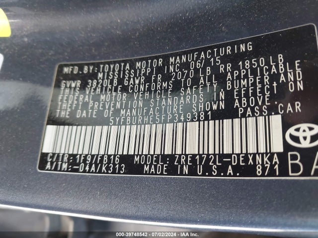 Toyota COROLLA LE 2015 5YFBURHE5FP349381 Image 9