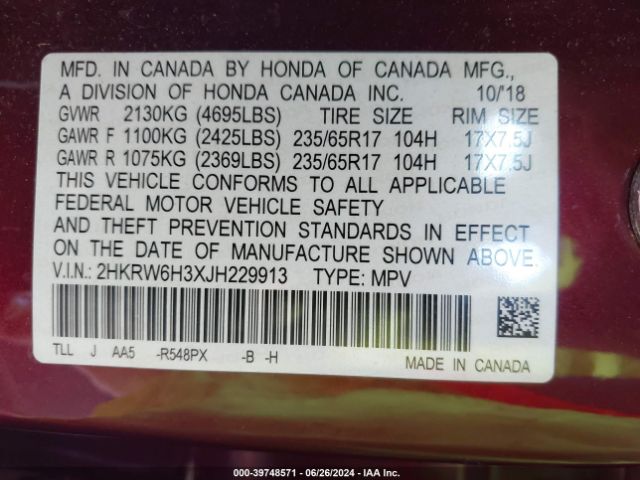 2HKRW6H3XJH229913 Honda CR-V LX