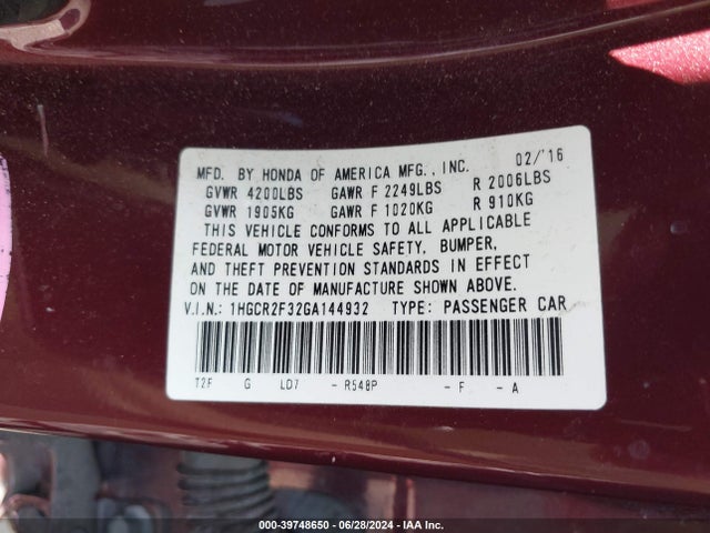 Honda ACCORD LX 2016 1HGCR2F32GA144932 Image 9