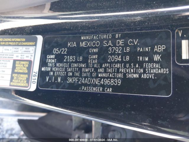 3KPF24ADXNE496839 KIA Forte Lxs