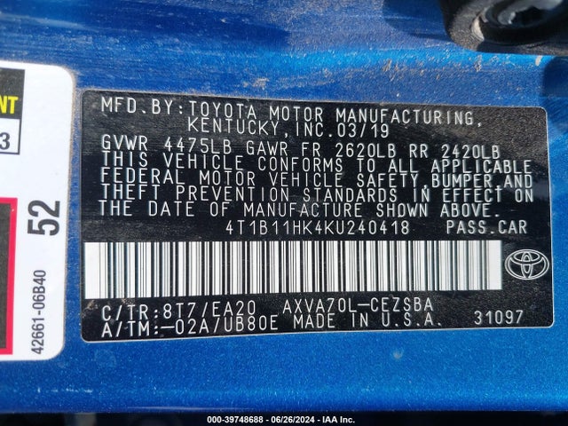 Toyota CAMRY SE 2019 4T1B11HK4KU240418 Image 9