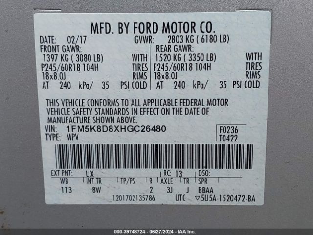 1FM5K8D8XHGC26480 Ford EXPLORER XLT