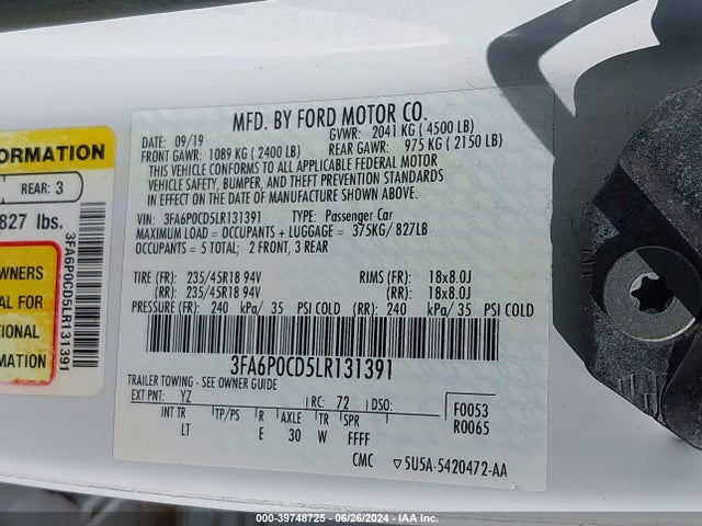 Ford FUSION SEL 2020 3FA6P0CD5LR131391 Image 9