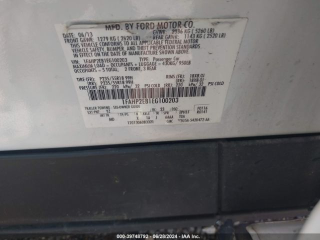 1FAHP2E81EG100203 Ford TAURUS SEL