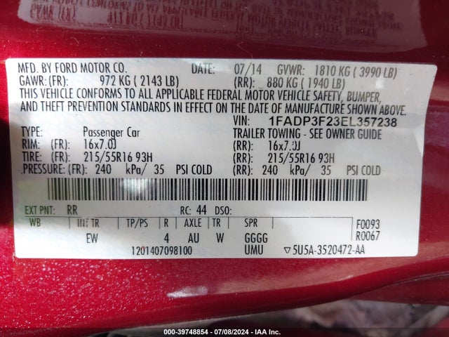 Ford FOCUS SE 2014 1FADP3F23EL357238 Image 9