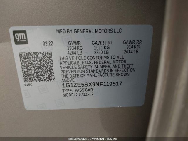 1G1ZE5SX9NF119517 Chevrolet Malibu Fwd Premier
