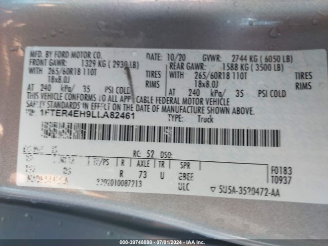 1FTER4EH9LLA82461 Ford Ranger Lariat