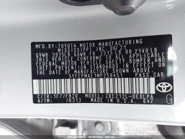 Toyota COROLLA LE 2021 5YFEPMAE1MP259451 Image 9