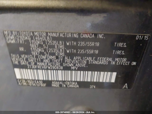 2T3DFREV6FW290838 Toyota Rav4 Limited