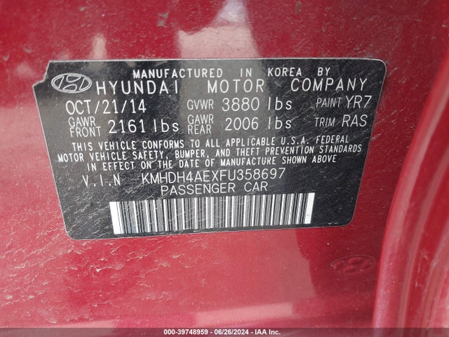 Hyundai ELANTRA SE 2015 KMHDH4AEXFU358697 Image 9