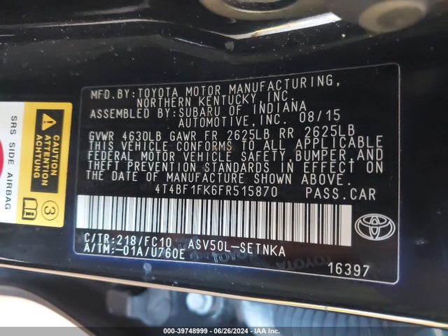 Toyota CAMRY LE 2015 4T4BF1FK6FR515870 Image 9