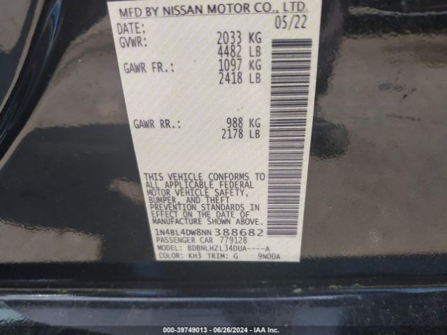 1N4BL4DW8NN388682 Nissan Altima Sv Intelligent Awd