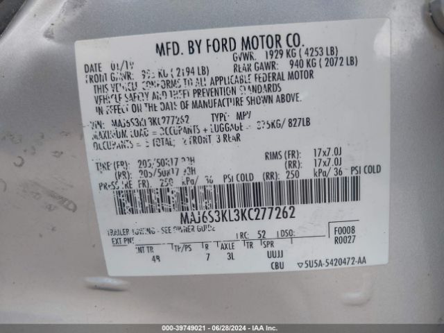 MAJ6S3KL3KC277262 Ford Ecosport Titanium