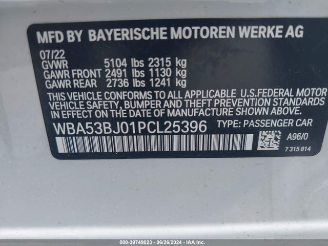 WBA53BJ01PCL25396 BMW 540 I