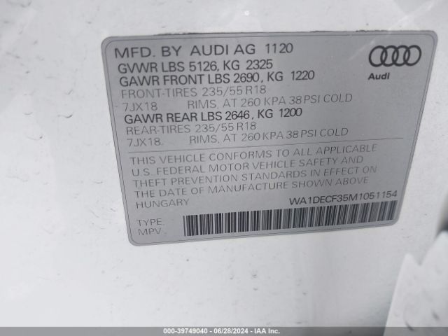 WA1DECF35M1051154 Audi Q3 Premium 45 Tfsi S Line Quattro Tiptronic
