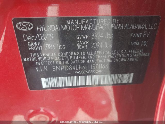5NPD84LF3LH571166 Hyundai ELANTRA SEL