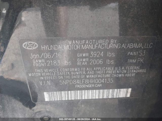 5NPD84LF8HH004135 Hyundai Elantra Limited