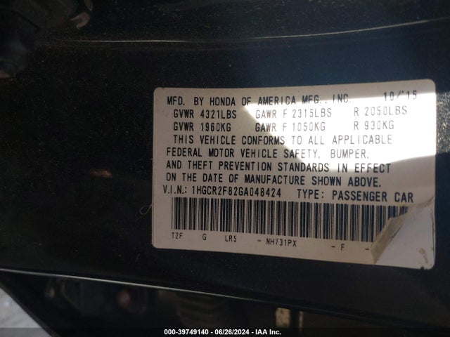 Honda Accord Ex-l 2016 1HGCR2F82GA048424 Image 9
