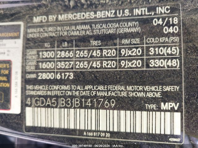 4JGDA5JB3JB141769 Mercedes-Benz GLE 350