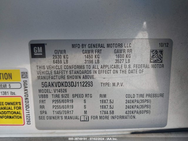 Продаж на аукціоні авто 2013 Buick Enclave Premium, vin: 5GAKVDKD3DJ112293, номер лоту: 39749191