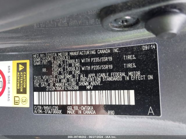 2T2ZK1BA3FC166388 Lexus RX 350