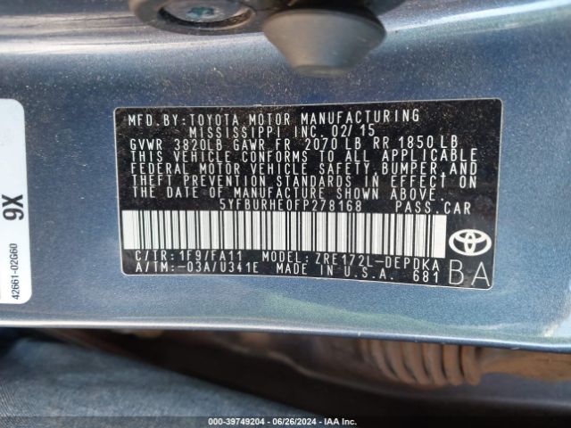 5YFBURHE0FP278168 Toyota COROLLA L