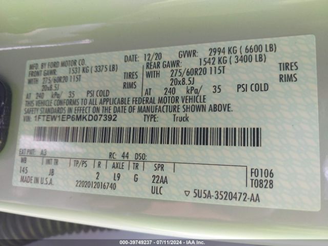 1FTEW1EP6MKD07392 Ford F-150 Xl