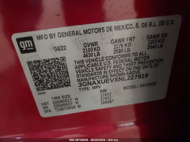 3GNAXUEVXNL227919 Chevrolet Equinox Awd Lt