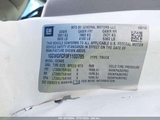 Chevrolet Express 2500 Work Van 2015 1GCWGFCF0F1103785 Image 9