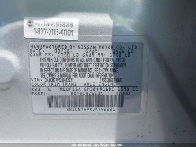 3N1CN7APXJK442221 Nissan Versa 1.6 Sv