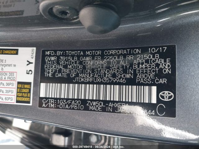 JTDKBRFUXH3579946 Toyota Prius Two
