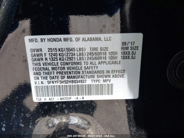 5FNYF5H52HB034937 Honda Pilot Ex-l