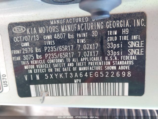 5XYKT3A64EG522698 KIA SORENTO LX