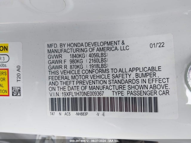Honda Civic Ex-l 2022 19XFL1H70NE009367 Image 9