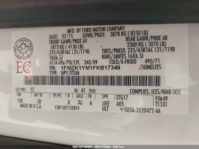 1FMZK1YM1FKB17349 Ford Transit-150 Xlt