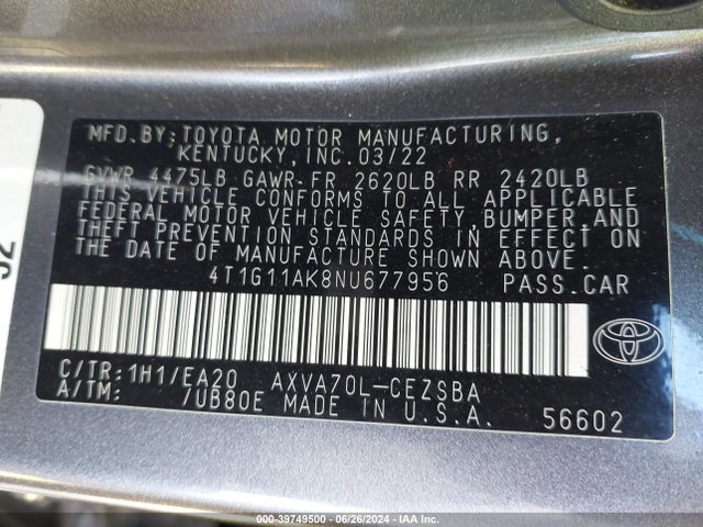 Toyota CAMRY SE 2022 4T1G11AK8NU677956 Image 9