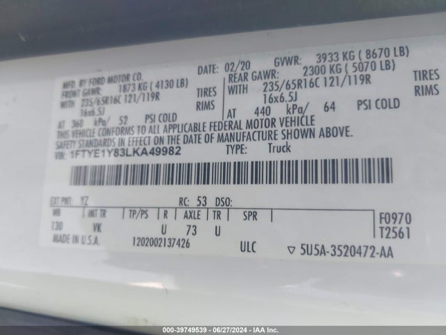 Ford Transit-150 2020 1FTYE1Y83LKA49982 Image 9