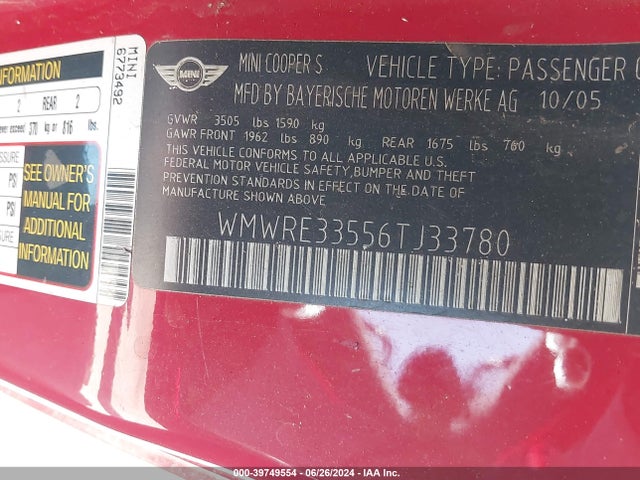 2006 MINI COOPER S WMWRE33556TJ33780 Photo 8