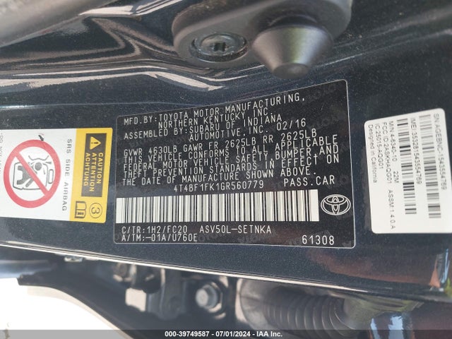 Toyota CAMRY LE 2016 4T4BF1FK1GR560779 Image 9