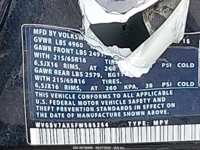 WVGBV7AX5FW585254 Volkswagen TIGUAN S
