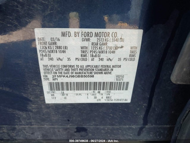 Ford EDGE SEL 2016 2FMPK4J98GBB50598 Image 9
