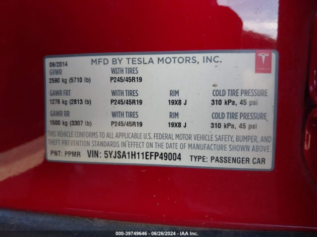 5YJSA1H11EFP49004 Tesla Model S P85