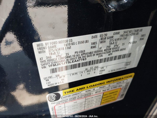 Ford Expedition Xlt Max 2020 1FMJK1JT5LEA47783 Image 9